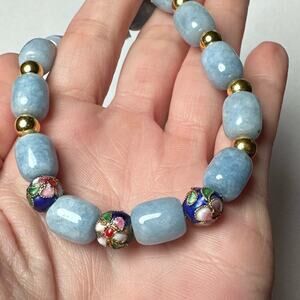 Blue dyed quartz bracelet with flower beads handmade stretchy